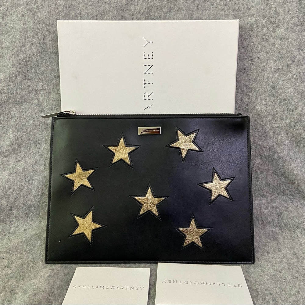 NWT Stella McCartney Star Eco Leather Zip Pouch Bag black gold